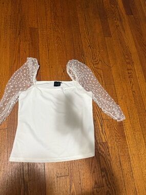 Sheer Dot-Sleeve White Square-Neck Blouse